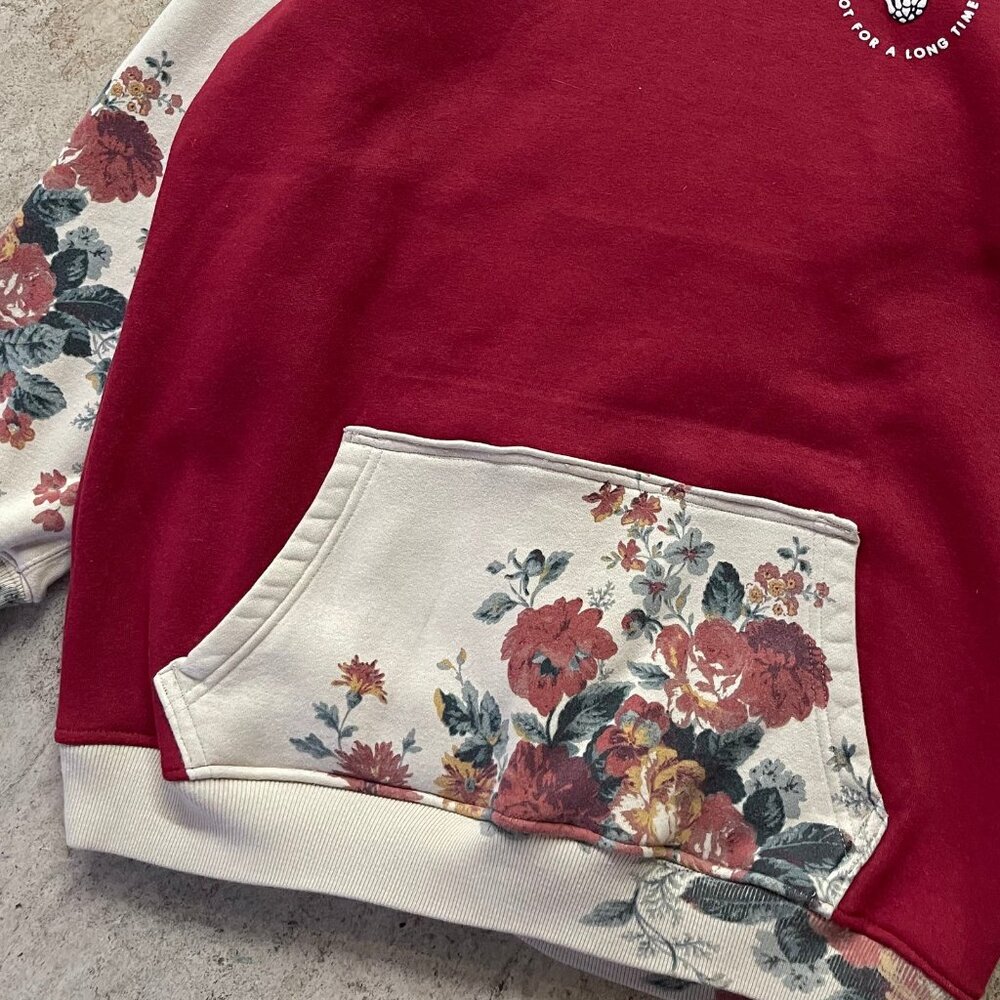 Here for a Good Time, Not For a Long Time Red Floral Hoodie Rework Sweatshirt L - Picture 4 of 4